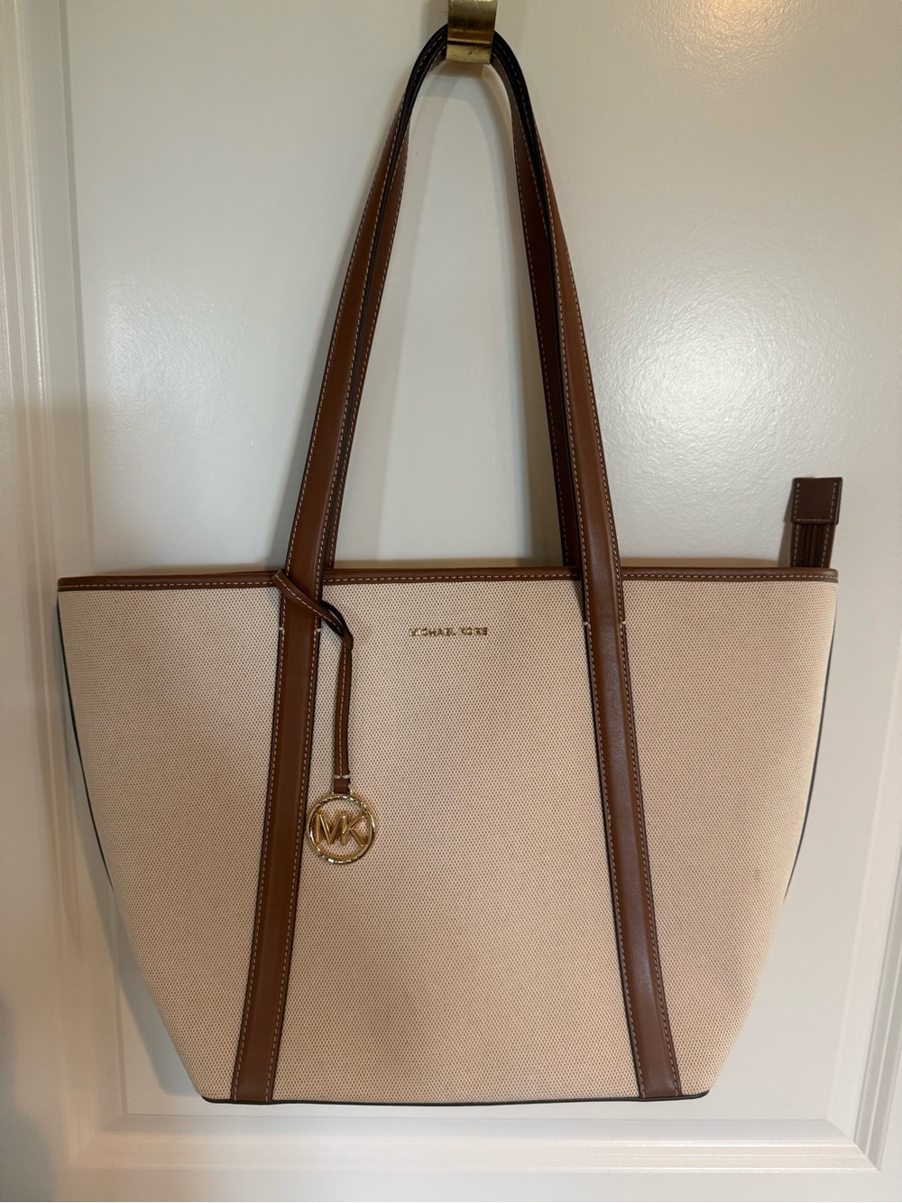Michael Kors Cream Canvas Tote with Brown Leather Trim and Gold Charm